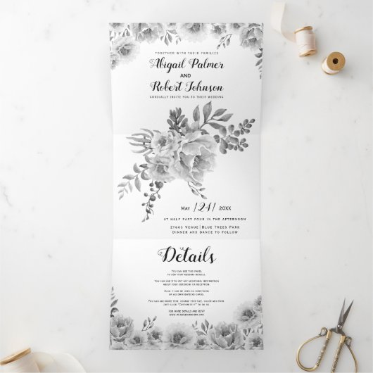 Invitation Trois Volets Fleurs d'eau gris, noir et blanc mariage (Intérieur)