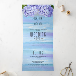 Invitation Trois Volets Fleurs d'hydrangée bleu aquarelle mariage floral