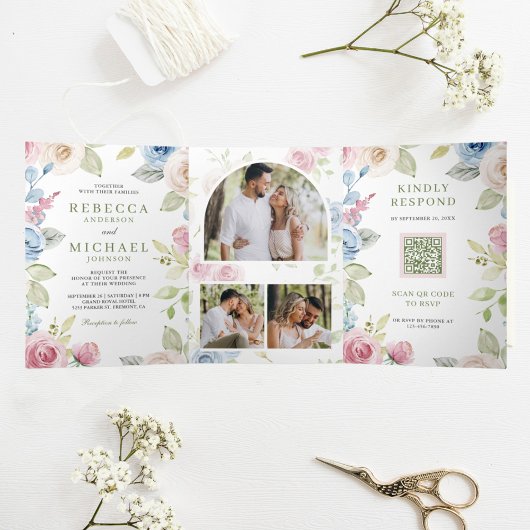Invitation Trois Volets Fleurs Douces de Printemps Code QR Mariage Tout en