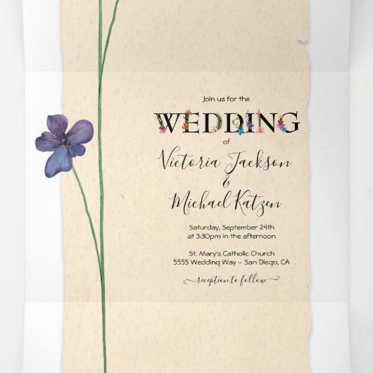 Invitation Trois Volets Fleurs douces simples Mariage (Intérieur au milieu)