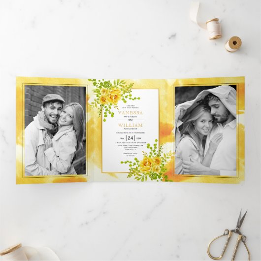 Invitation Trois Volets Fleurs jaunes et feuille boho mariage (Intérieur)