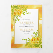 Invitation Trois Volets Fleurs jaunes et feuille boho mariage (Page de couverture)