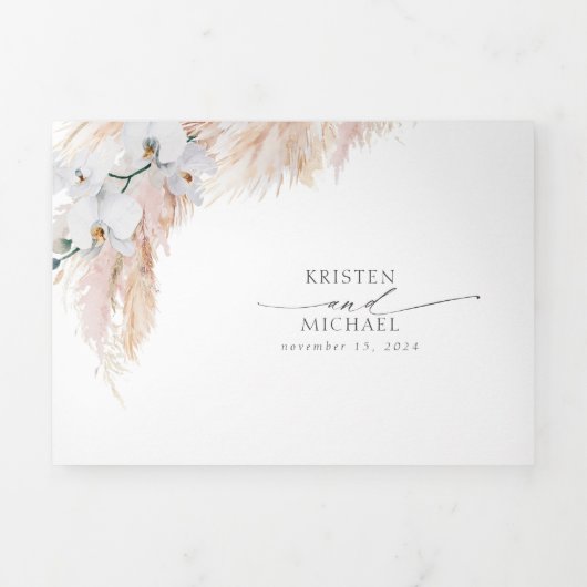 Invitation Trois Volets Fleurs roses et Pampas Mariage élégant en laiton (Page de couverture)