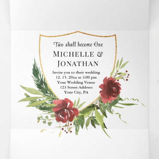 Invitation Trois Volets Fleurs Rouges Verdure Tout en un Mariage chrétien (Intérieur au milieu)