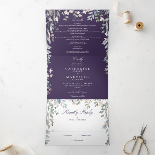 Invitation Trois Volets Fleurs sauvages floraux violet Monogramme Mariage  (Intérieur)