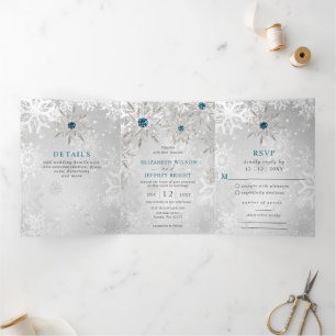 Invitation Trois Volets Flocons de neige Aqua Argent Mariage d'hiver de No