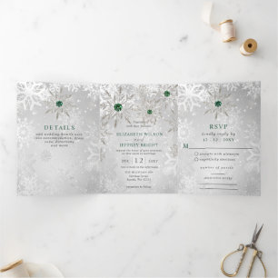 Invitation Trois Volets Flocons de neige émeraude argenté Mariage d'hiver