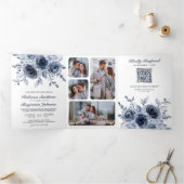 Invitation Trois Volets Floral bleu Dusty tout en un Mariage de code QR (Intérieur)