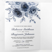 Invitation Trois Volets Floral bleu Dusty tout en un Mariage de code QR (Intérieur en premier)