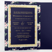 Invitation Trois Volets Floral bleu foncé tout en un Mariage indien d'or (Intérieur en premier)