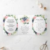 Invitation Trois Volets Floral bleu marine et rose pâle 3 en 1 Mariage (Intérieur)