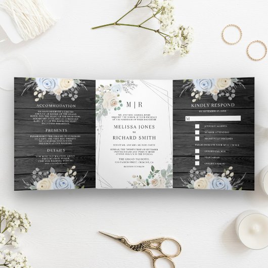 Invitation Trois Volets Floral d'ivoire bleu Dusty tout en un Mariage en b