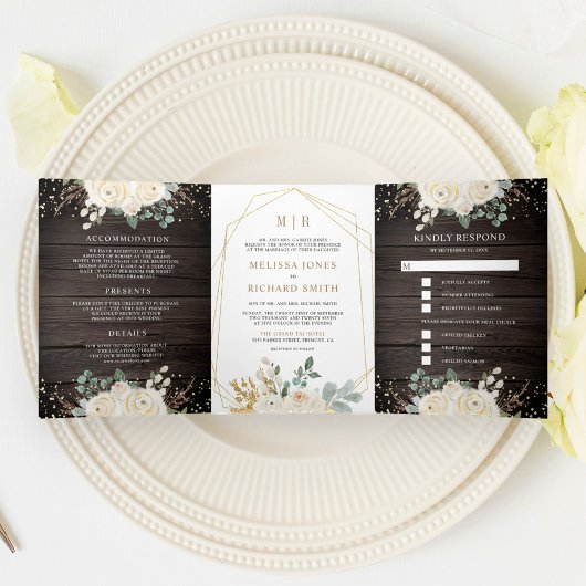 Invitation Trois Volets Floral d'ivoire d'or rustique tout en un Mariage d