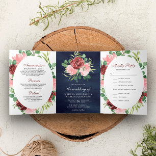 Invitation Trois Volets Floral rose et bordeaux 3 en 1 Mariage de marine