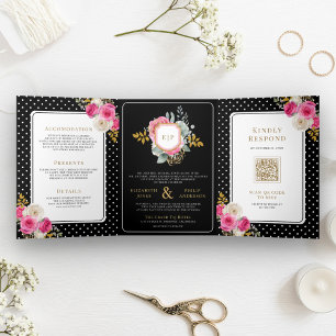 Invitation Trois Volets Floral rose Fuchsia tout en une crête Mariage noir
