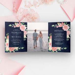 Invitation Trois Volets Floral rose pâle Fleur Photo Mariage bleu marine