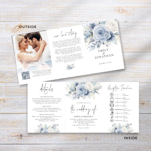 Invitation Trois Volets Flore bleu poussiéreux Photo QR Code Timeline Mari