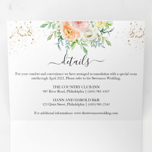 Invitation Trois Volets Flore floue et Mariage or (Intérieur en premier)