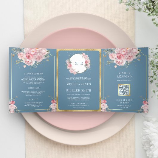 Invitation Trois Volets Flore rose pâle bleu foncé tout en un Mariage