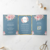 Invitation Trois Volets Flore rose pâle bleu foncé tout en un Mariage (Intérieur)