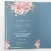 Invitation Trois Volets Flore rose pâle bleu foncé tout en un Mariage (Intérieur en premier)