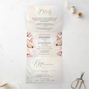 Invitation Trois Volets Flore rose pâle en un seul Mariage