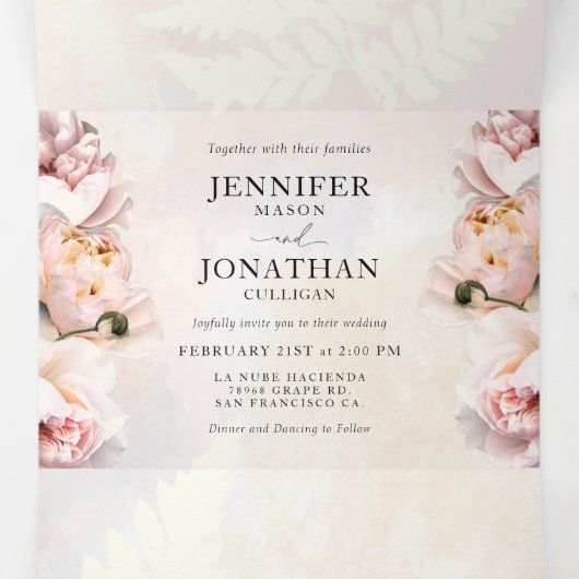 Invitation Trois Volets Flore rose pâle en un seul Mariage (Intérieur au milieu)