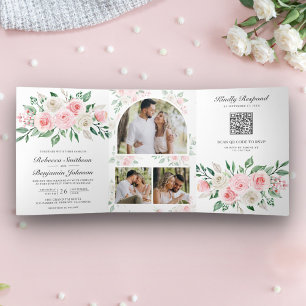 Invitation Trois Volets Flore rose pâle tout en un Mariage de code QR