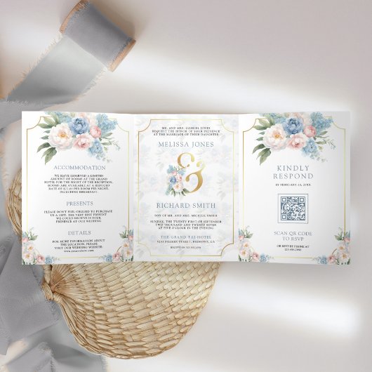 Invitation Trois Volets Flore rose rose pâle Dreamy en un seul Mariage