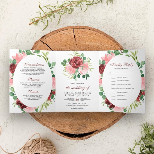 Invitation Trois Volets Flore rouge rose et bordeaux 3 en 1 Mariage