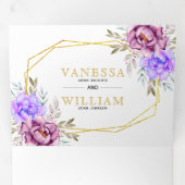 Invitation Trois Volets Flores d'aquarelle violet typographie or mariage (Intérieur en premier)