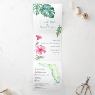 Invitation Trois Volets Floride tropicale Mariage tout en un floral