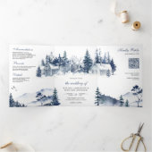 Invitation Trois Volets Foggy Winter Mountain Pine Forest Code QR Mariage (Intérieur)