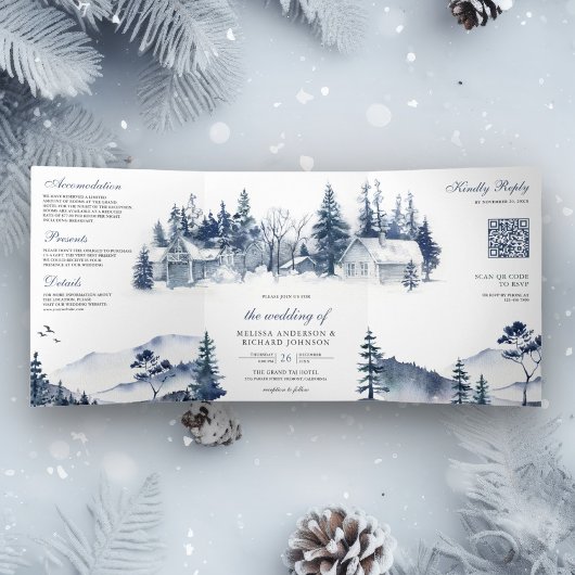 Invitation Trois Volets Foggy Winter Mountain Pine Forest Code QR Mariage