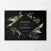 Invitation Trois Volets Foliage Tropical Sauvage Mariage Noir Tout en un (Page de couverture)
