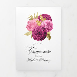 Invitation Trois Volets Folio photo triptyque de Quinceañera floral or et