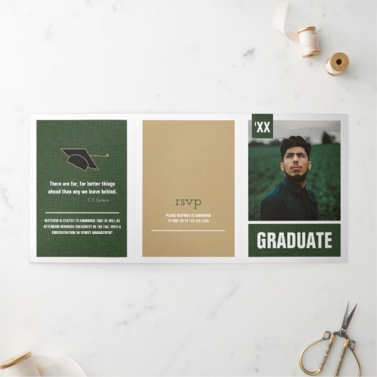 Invitation Trois Volets Forest Green Modern Textured Photo Graduation (Extérieur)