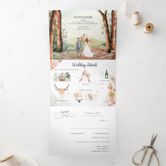 Invitation Trois Volets Forêt d'automne rustique | Mariage Boho (Intérieur)