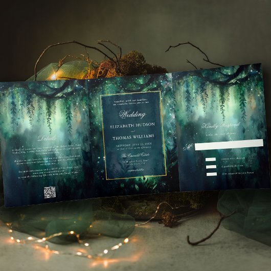 Invitation Trois Volets Forêt enchantée vert romantique tout en un Mariage