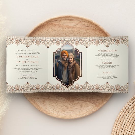 Invitation Trois Volets Frontière Ikat tout en un Anand Karaj Sikh Mariage