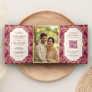 Invitation Trois Volets Fuchsia Gold Lace Code QR Photo Mariage Indien