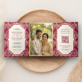 Invitation Trois Volets Fuchsia Gold Lace QR Code Photo Mariage indien