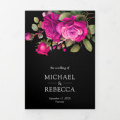 Invitation Trois Volets Fuchsia Hot rose Roses Photo Collage Mariage noir (Page de couverture)