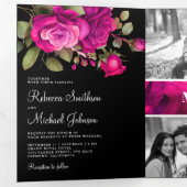 Invitation Trois Volets Fuchsia Hot rose Roses Photo Collage Mariage noir (Intérieur en premier)