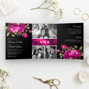 Invitation Trois Volets Fuchsia Hot rose Roses Photo Collage Mariage noir