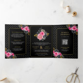 Invitation Trois Volets Fuchsia Roses floraux d'or tous en un Mariage noir (Intérieur)