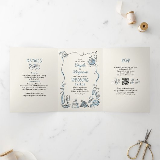 Invitation Trois Volets Funky Whimsical dessiné à la main photo Mariage mo (Intérieur)