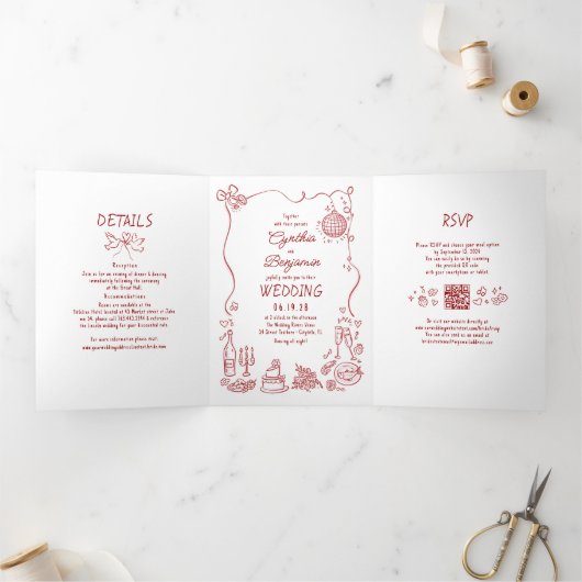 Invitation Trois Volets Funky Whimsical Doodles Modern Red Wedding Photo (Intérieur)