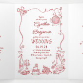 Invitation Trois Volets Funky Whimsical Doodles Modern Red Wedding Photo (Intérieur au milieu)