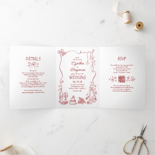 Invitation Trois Volets Funky Whimsical Doodles Modern Red Wedding Photo (Intérieur)
